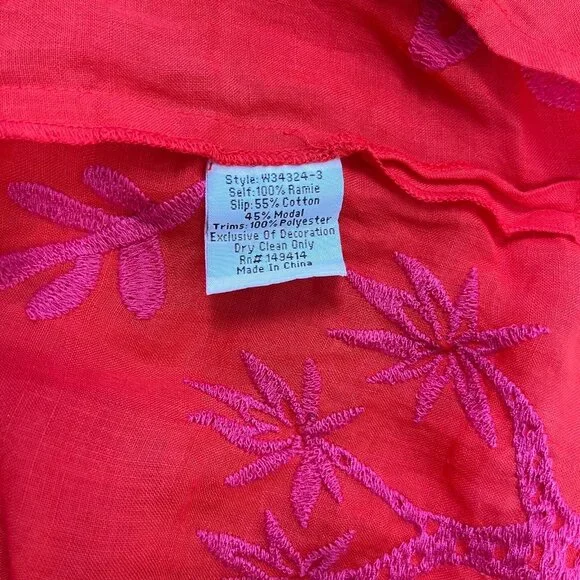 NWOT Johnny Was Ramie Embroidery Ruffles Red Luciana Tie Front Sleeve Dress XL